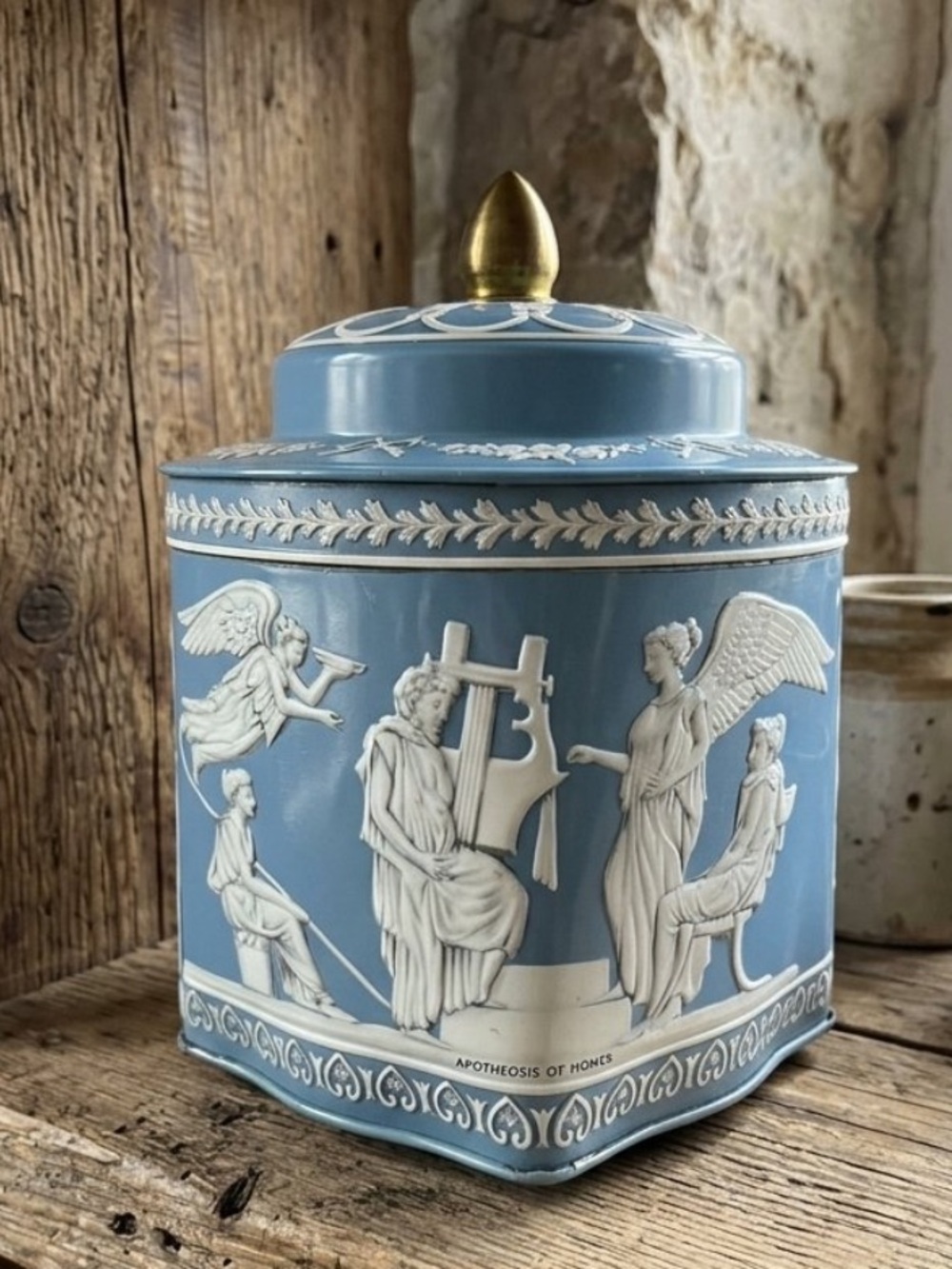 vintage Riley's toffee tin canister 
England, embossed "Apotheosis of Homer"